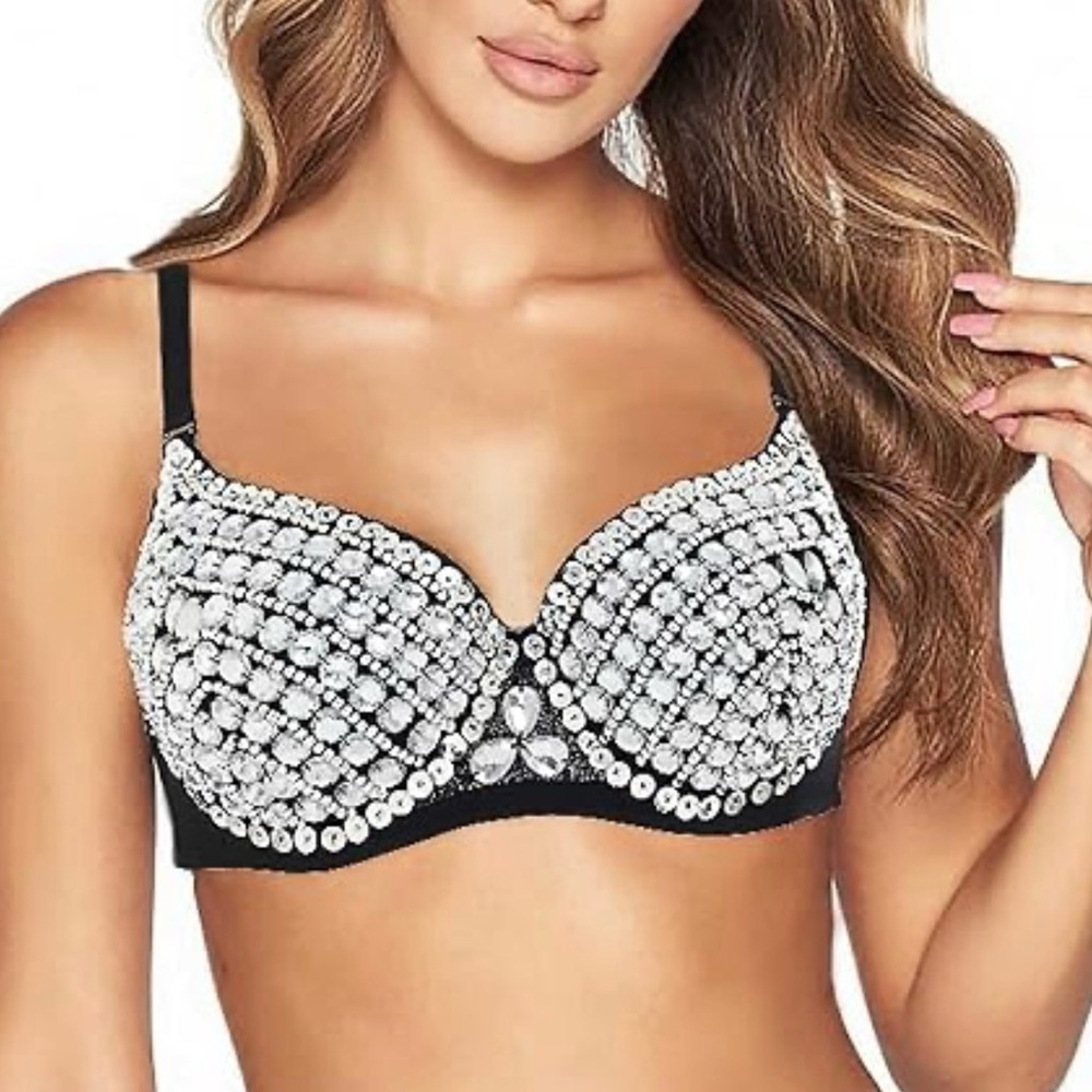 Crystal-Embellished Black Bra with Sparkling Accent